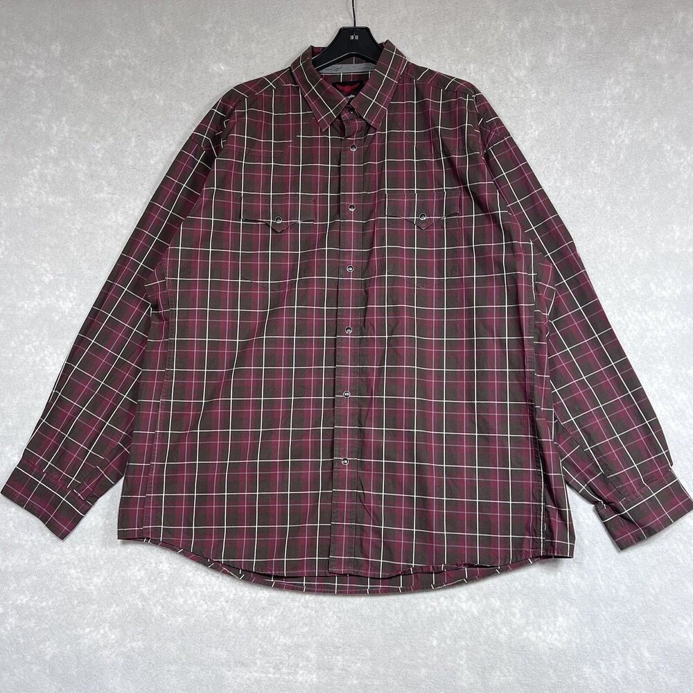 Wrangler Relentless Shirt Mens Size XXL Burgundy Plaid Cowboy Western Pearl Snap